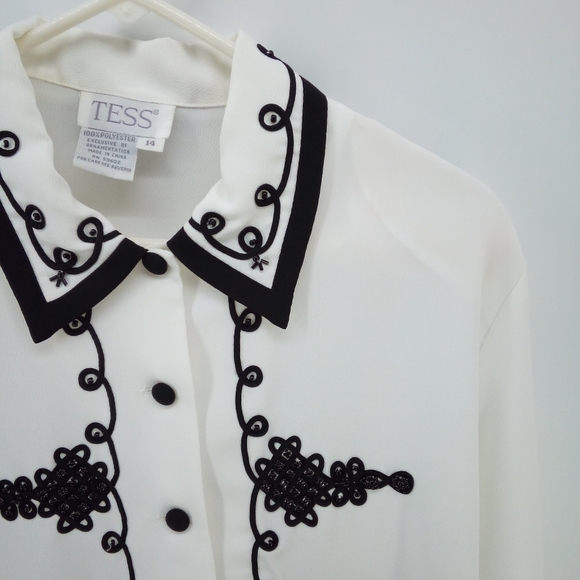 Vintage Beaded Black White Formal Blouse Shoulder Pads Tess 14 - Picture 2 of 9